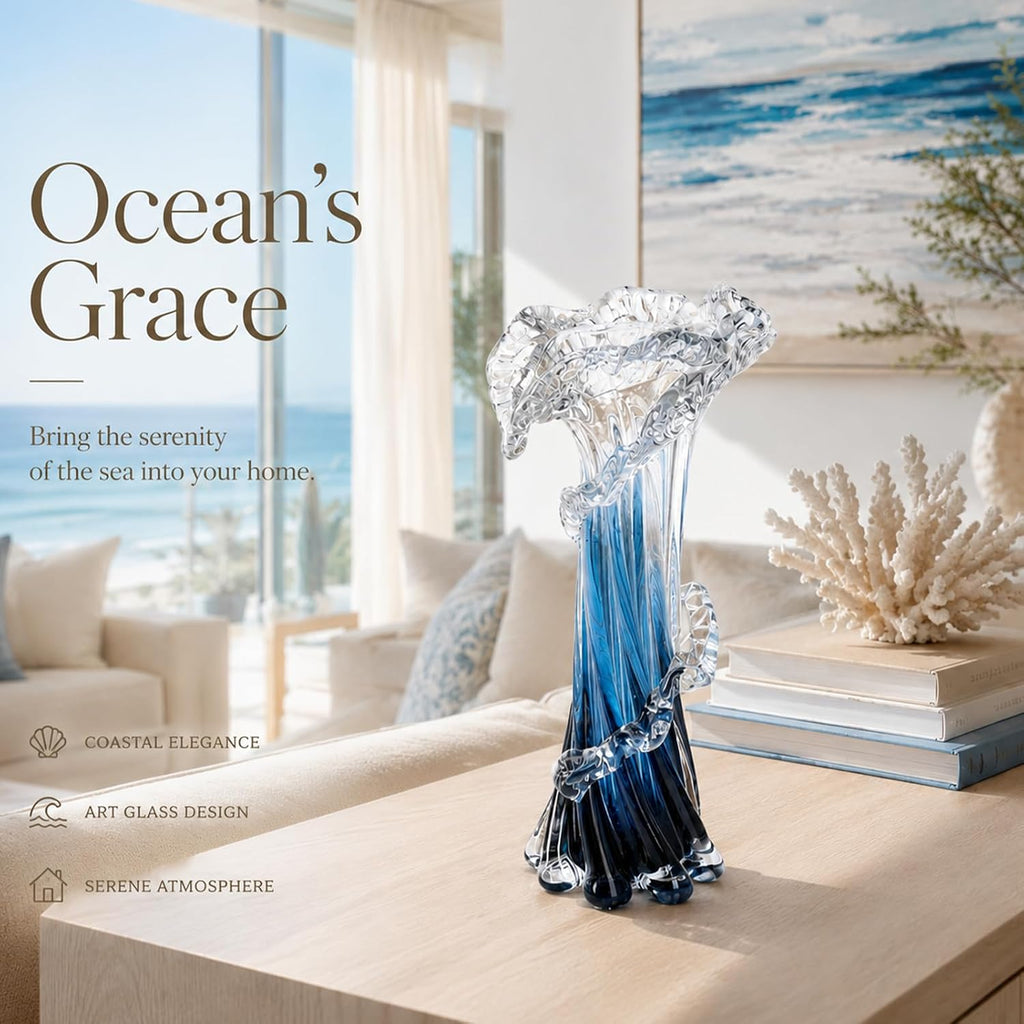 Hand‑Blown Blue Coastal Art Glass Vase