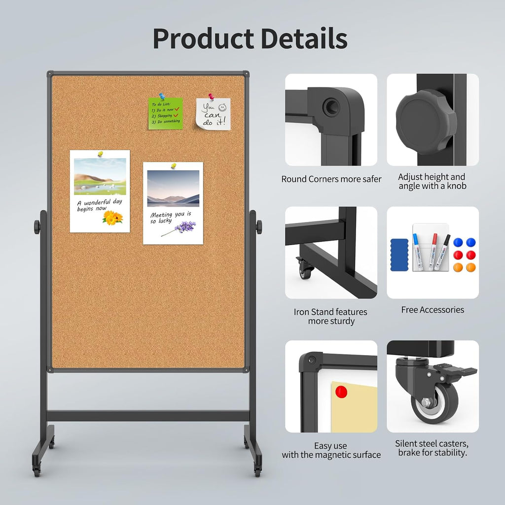 Rolling Double‑Sided Whiteboard Corkboard