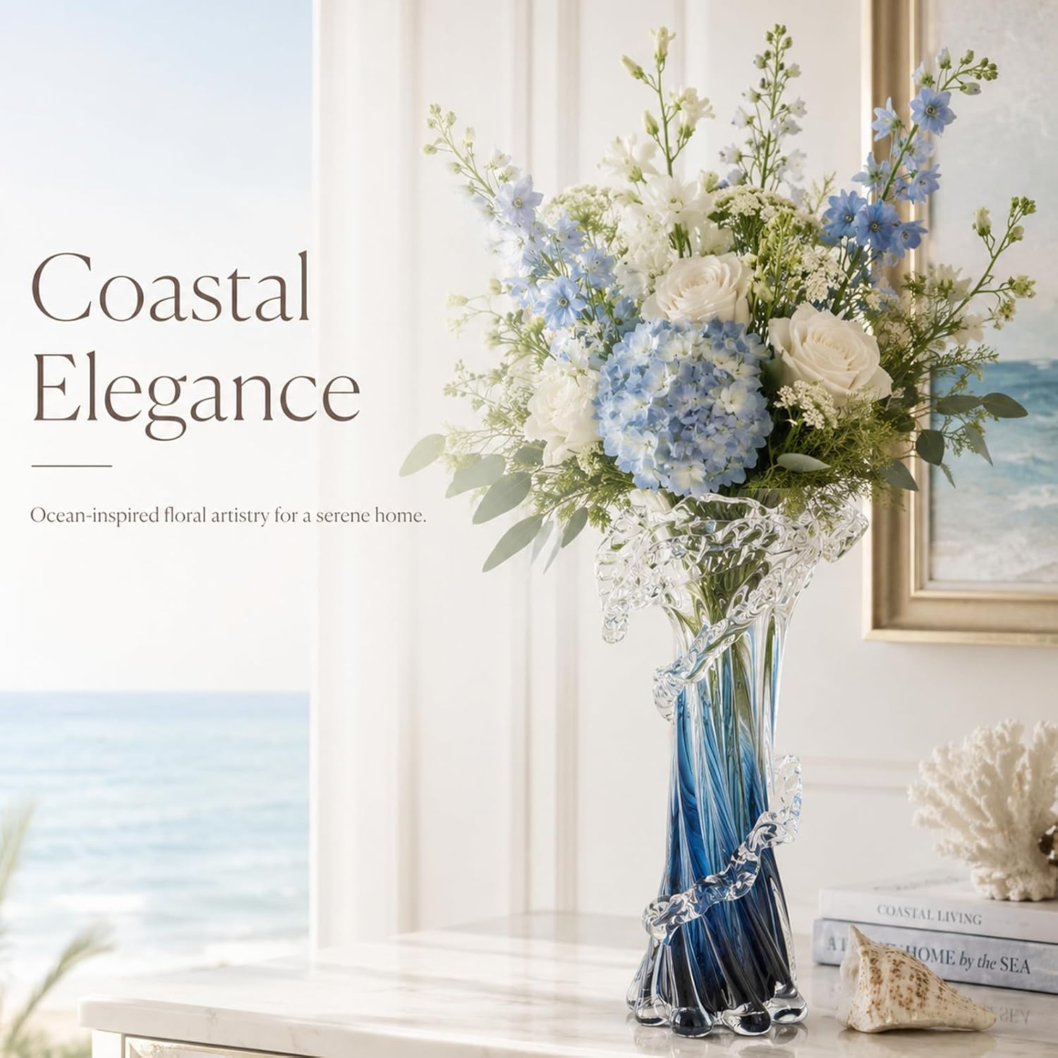 Hand‑Blown Blue Coastal Art Glass Vase