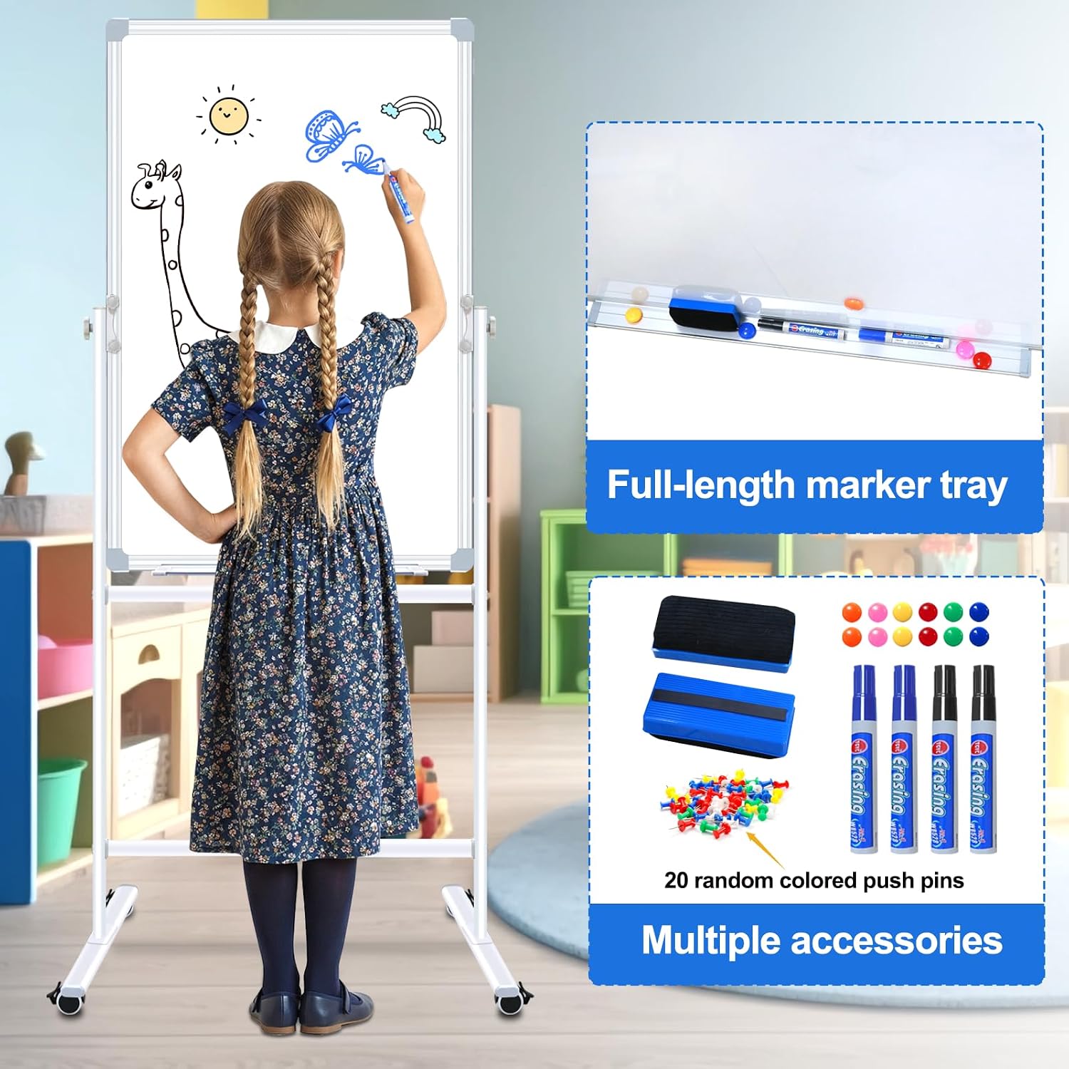 Rolling Double‑Sided Whiteboard Cork Board