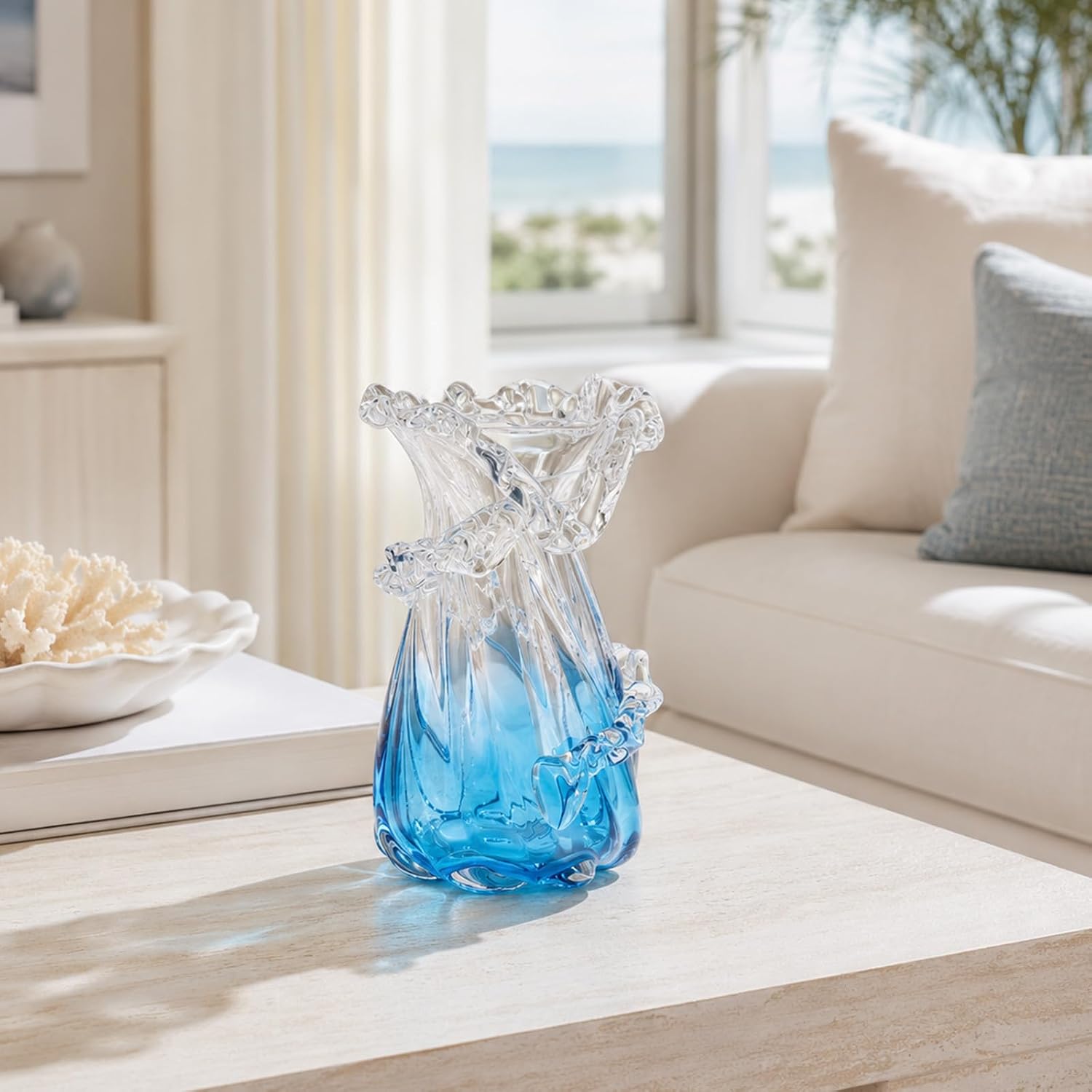Coastal Hand‑Blown Blue Glass Art Vase