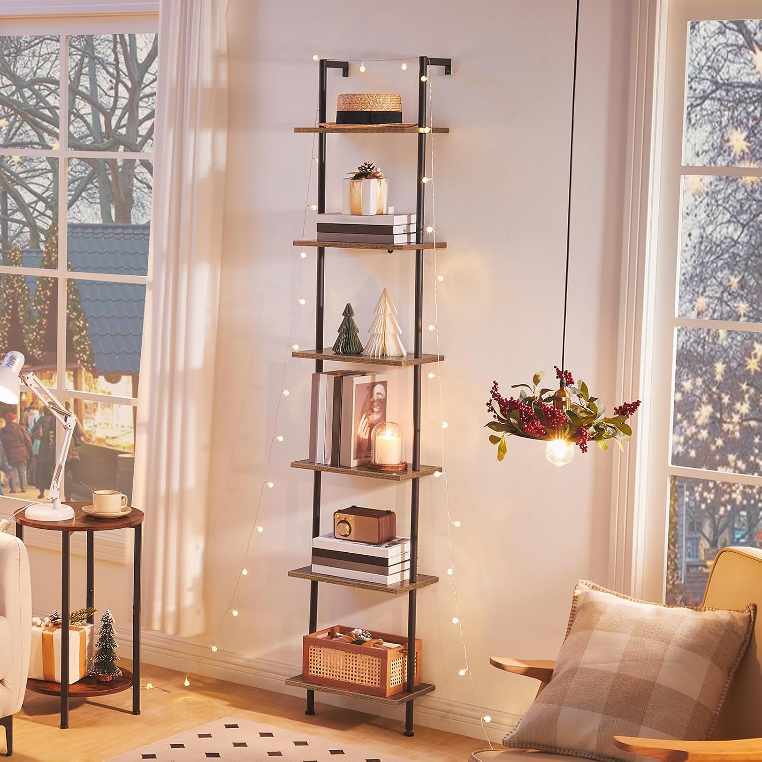 Rustic 6‑Tier Wooden Ladder Shelf