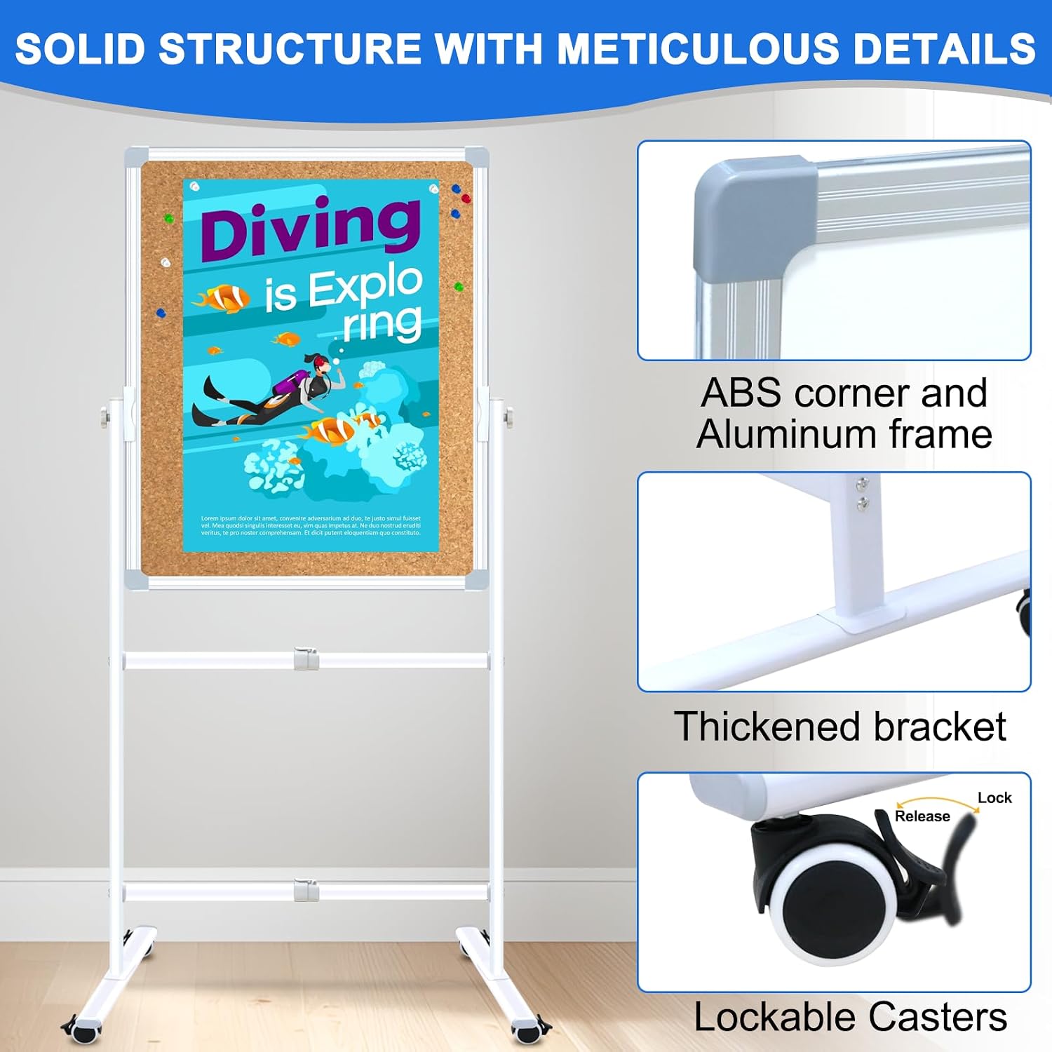 Rolling Double‑Sided Whiteboard Cork Board