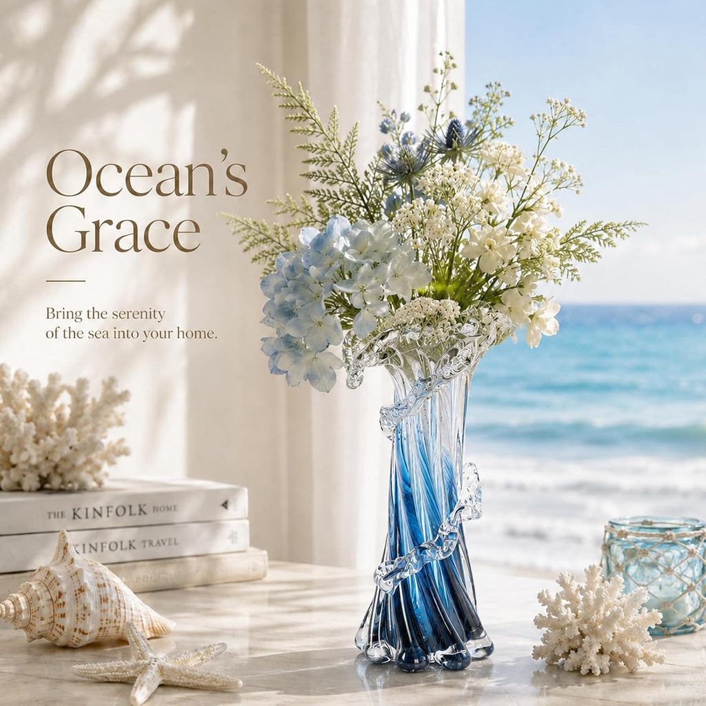 Hand‑Blown Blue Coastal Art Glass Vase