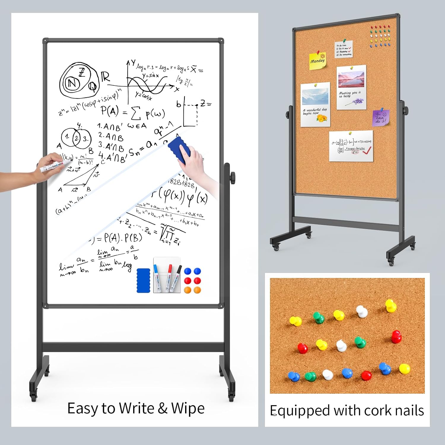 Rolling Double‑Sided Whiteboard Corkboard