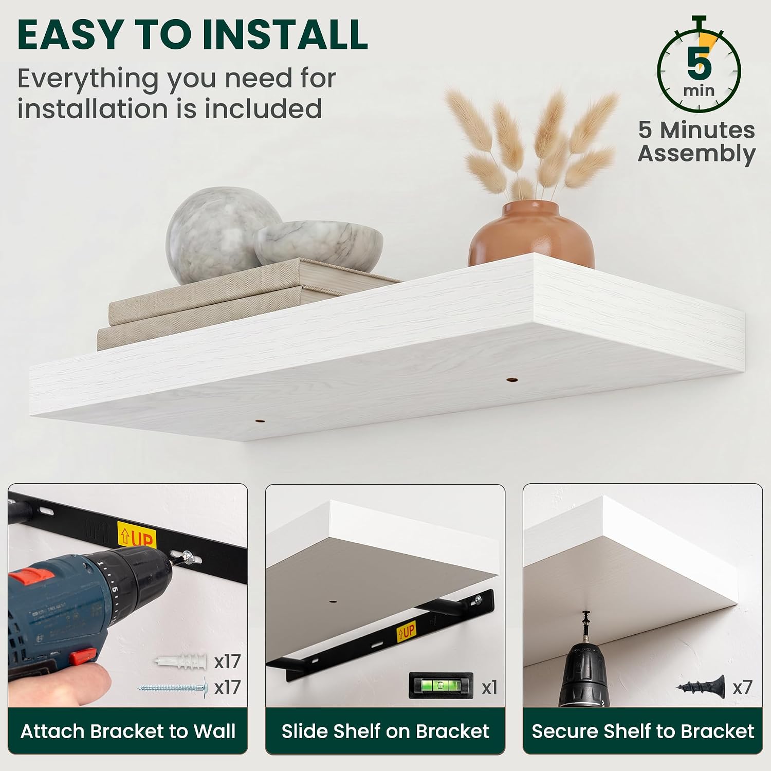Rustic White Wall‑Mounted Floating Shelves