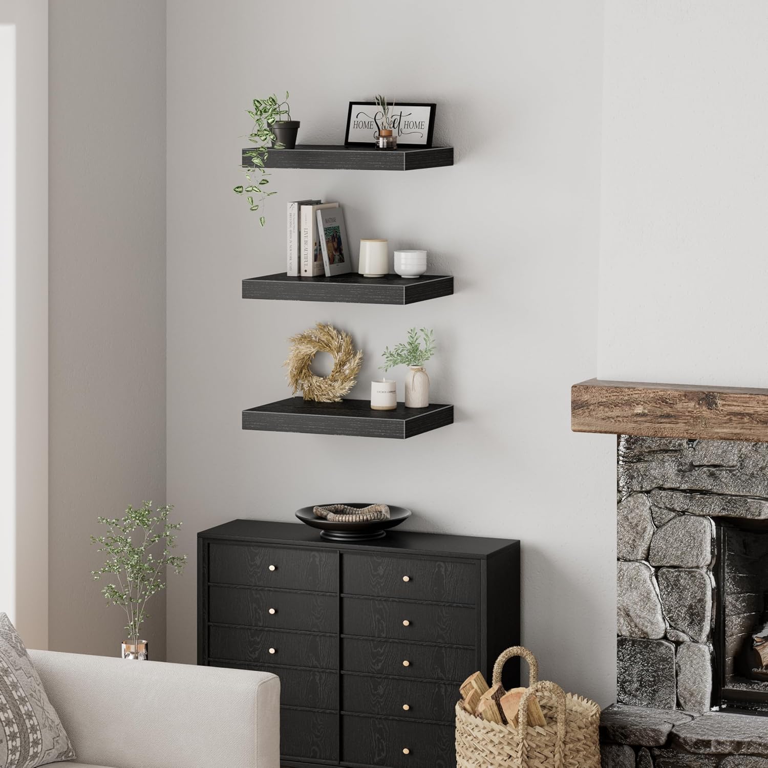 Deep Black Floating Wall TV Shelves