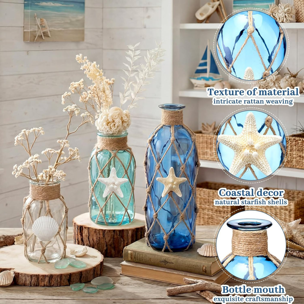 Rustic Coastal Jute‑Rope Glass Vase Set