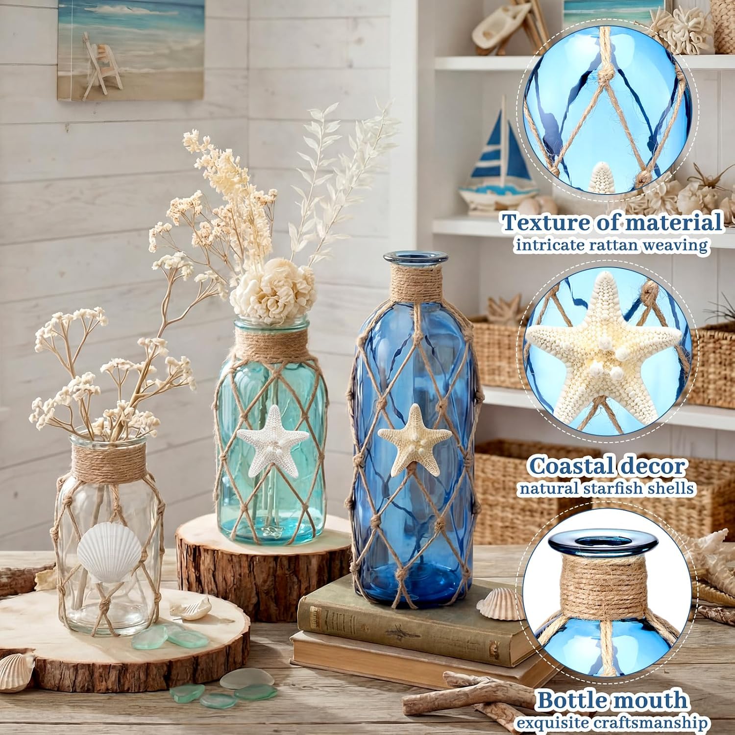 Rustic Coastal Jute‑Rope Glass Vase Set