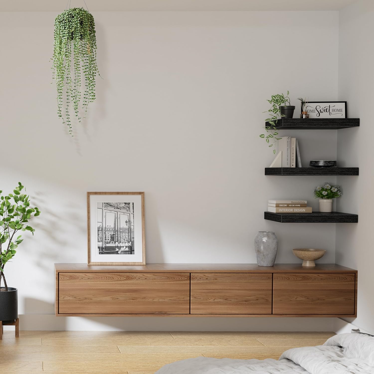Deep Black Floating Wall TV Shelves