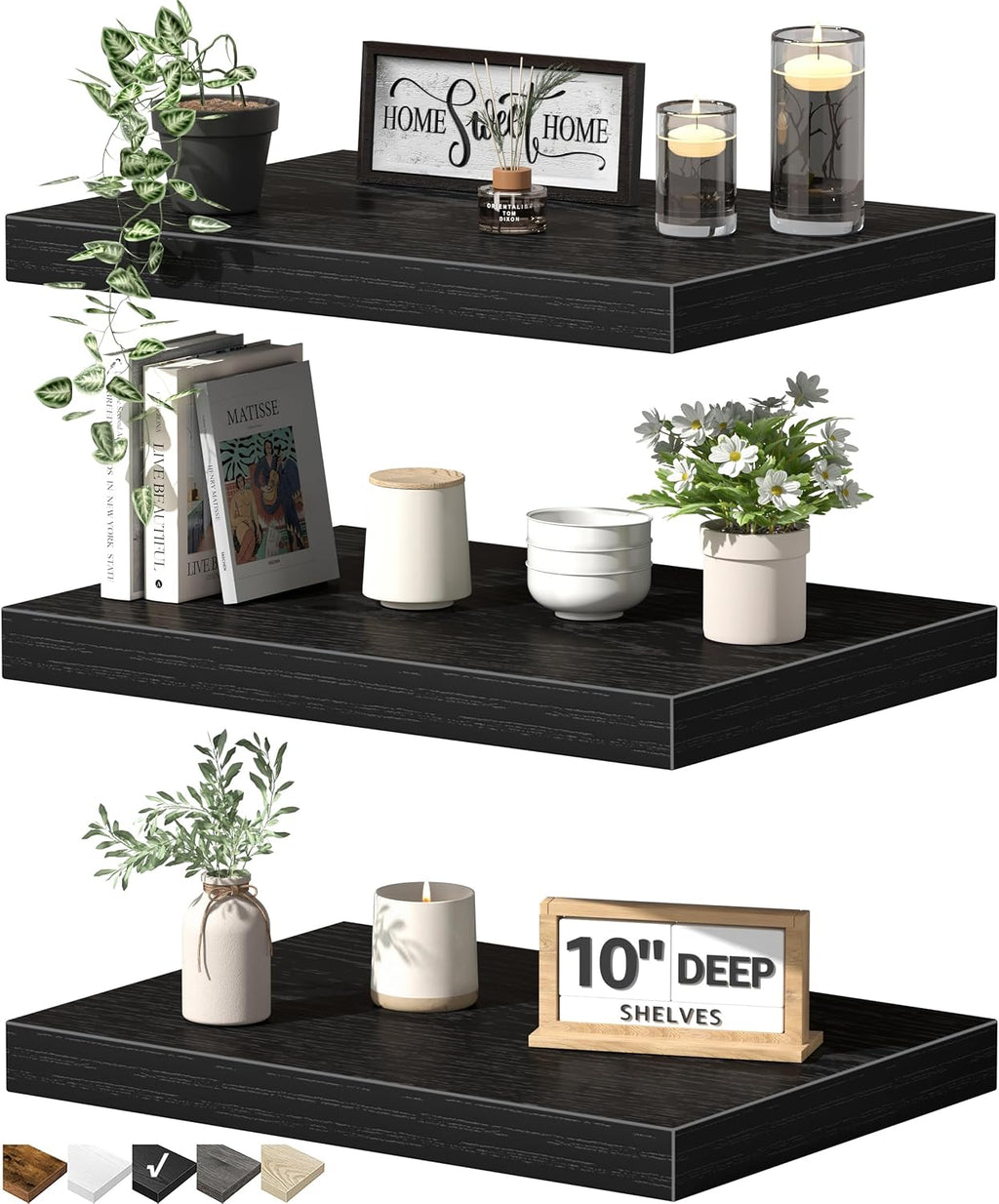 Deep Black Floating Wall TV Shelves